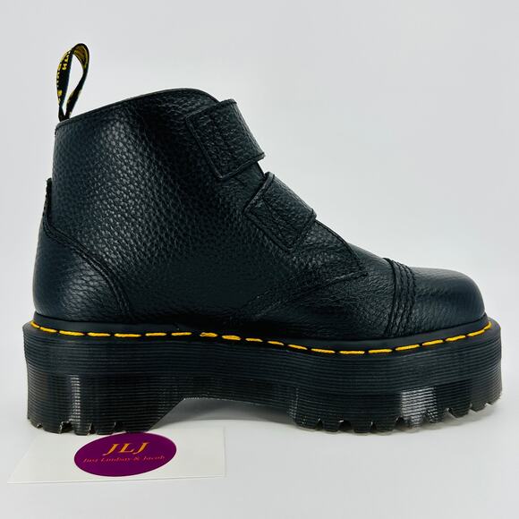 Dr. Martens Women's Devon Flower Buckle Black Leather Platform Boots Size 5 - Picture 7 of 11